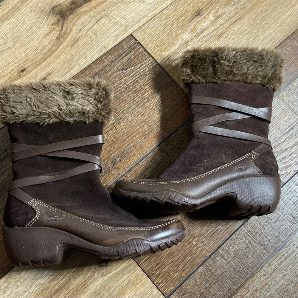 Skechers Mid Calf Faux Fur and Leather Zip Brown Boots Size 7.5